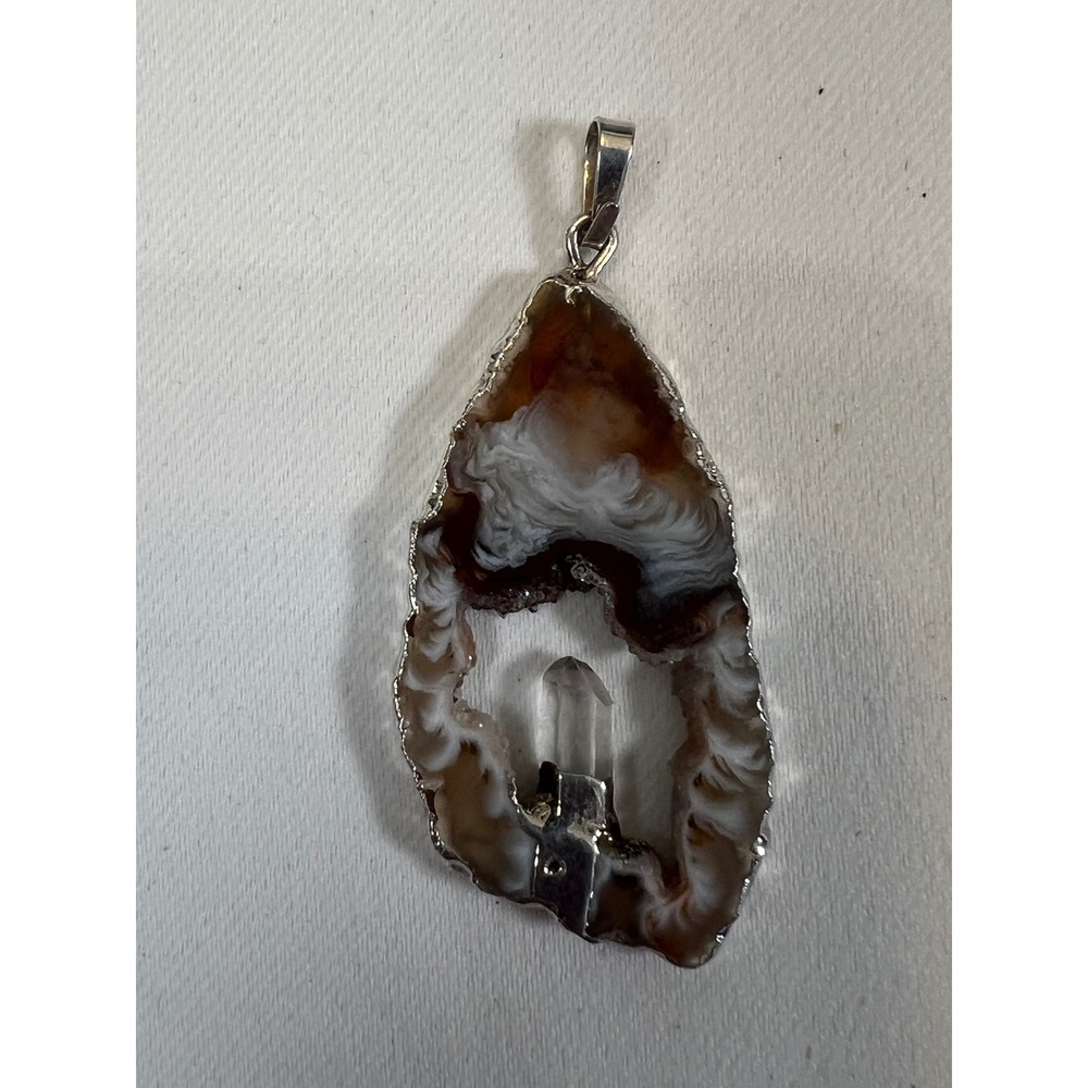 Natural Agate Geode Slice Pendant with Quartz Crystal Point Silver Tone Edge